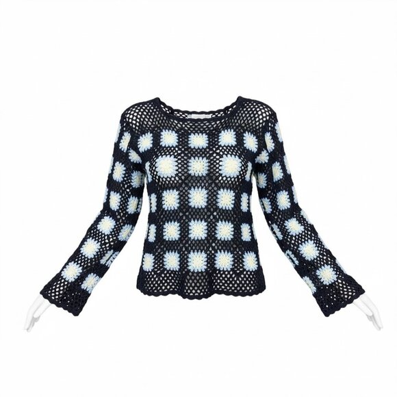 Women’s Sweater Crochet Open Navy Floral Granny Square Long Sleeve Boho Cottage - Picture 3 of 12